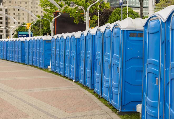 Seasonal porta potty units set up at a Medford, Oregon venue